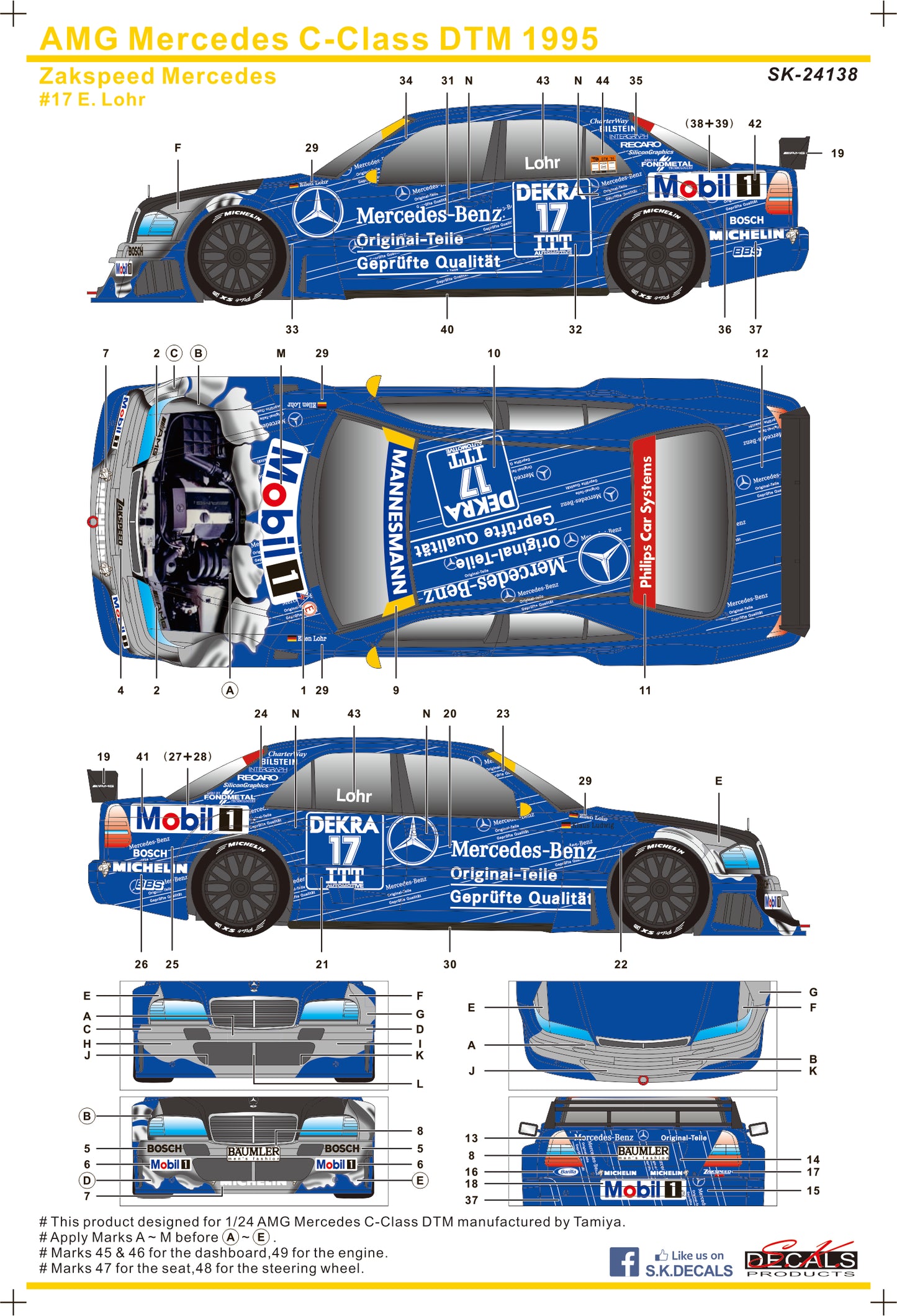 S.K. Decals 1:24 AMG Mercedes C-Class DTM 1995 #17 Zakspeed Mercedes Decal Set