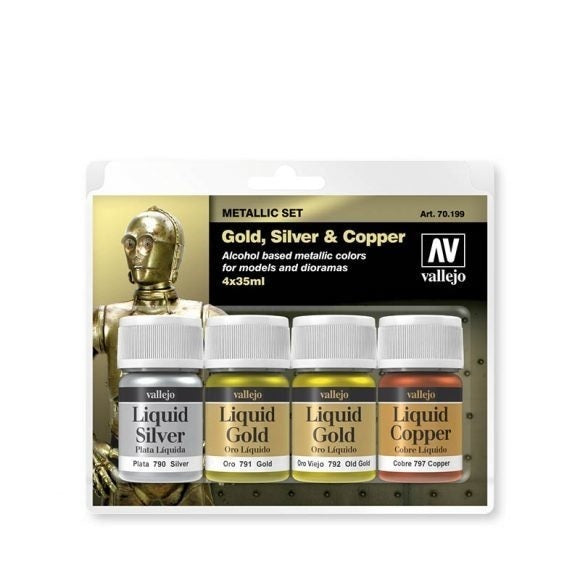 Vallejo Metallic Set Gold, Silver & Copper 4 x 35ml Acrylic Paint Set