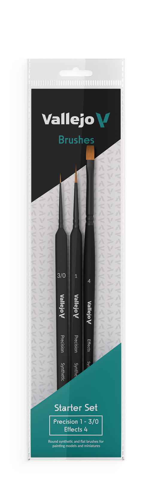 Vallejo Hobby Brushes: Precision Starter Set (Round No.1 & 3/0 Triangular Handle, Flat No.4, synthetics)