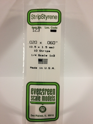 Evergreen White Polystyrene Strip 0.020 x 0.060 x 14" / 0.51mm x 1.5mm x 36cm (10)