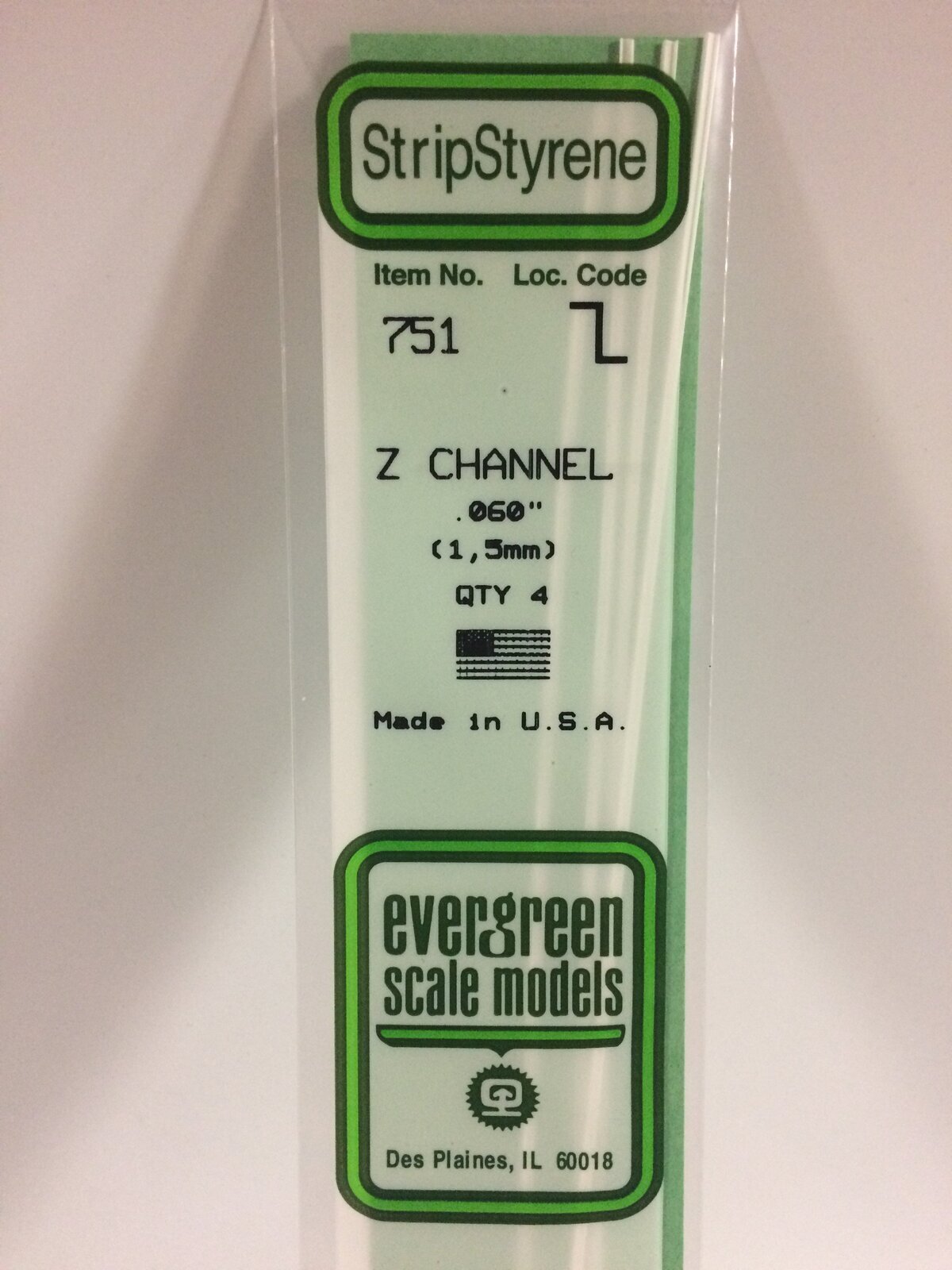 Evergreen White Polystyrene Z Channel .060 x .030 x 14" / 1.5mm x 0.76mm x 36cm (4)