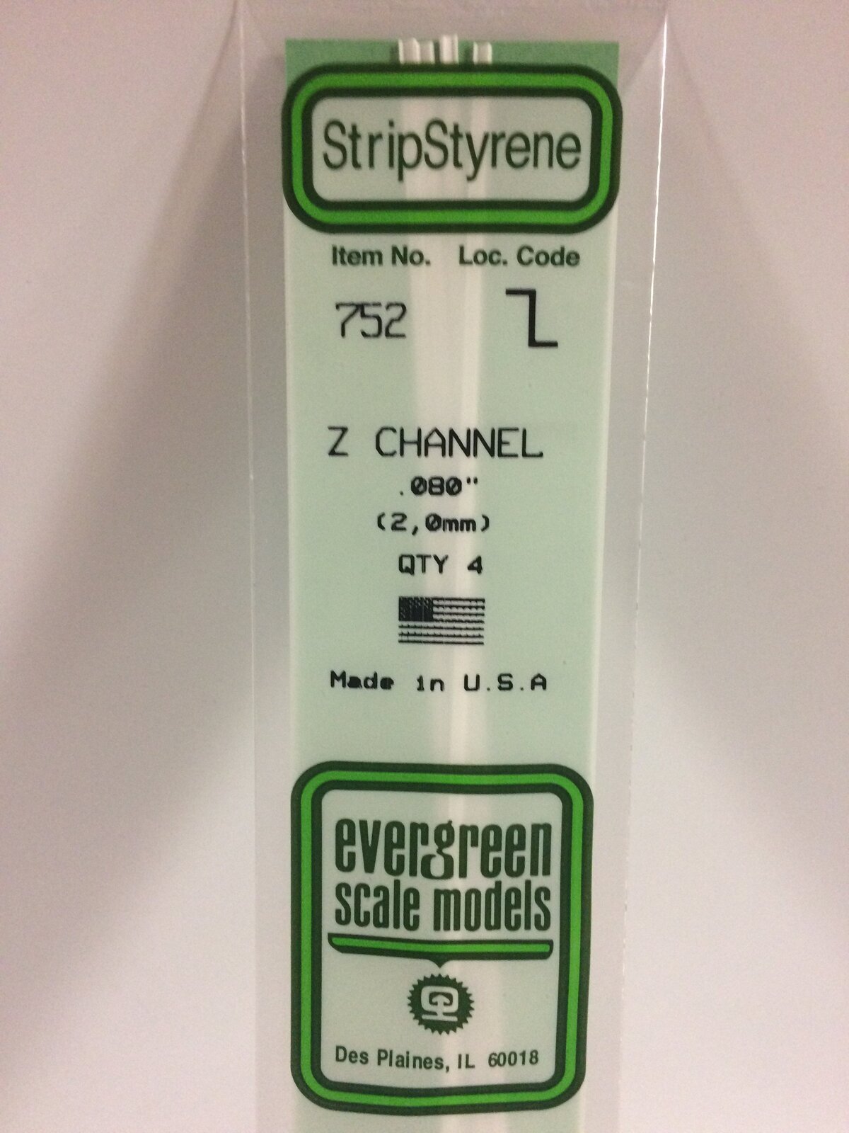 Evergreen White Polystyrene Z Channel .080 x .040 x 14" / 2mm x 1mm x 36cm (4)