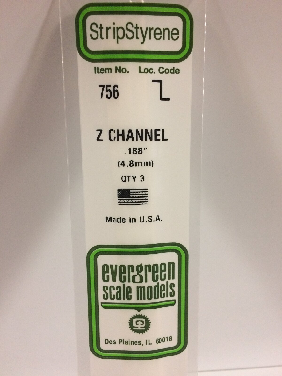 Evergreen White Polystyrene Z Channel .188 x .094 x 14" / 4.8mm x 2.4mm x 36cm (3)