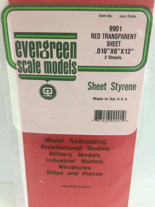 Evergreen Transparent Red Polystyrene Sheet 0.010 x 6 x 12" / 0.25mm x 15cm x 30cm (2)