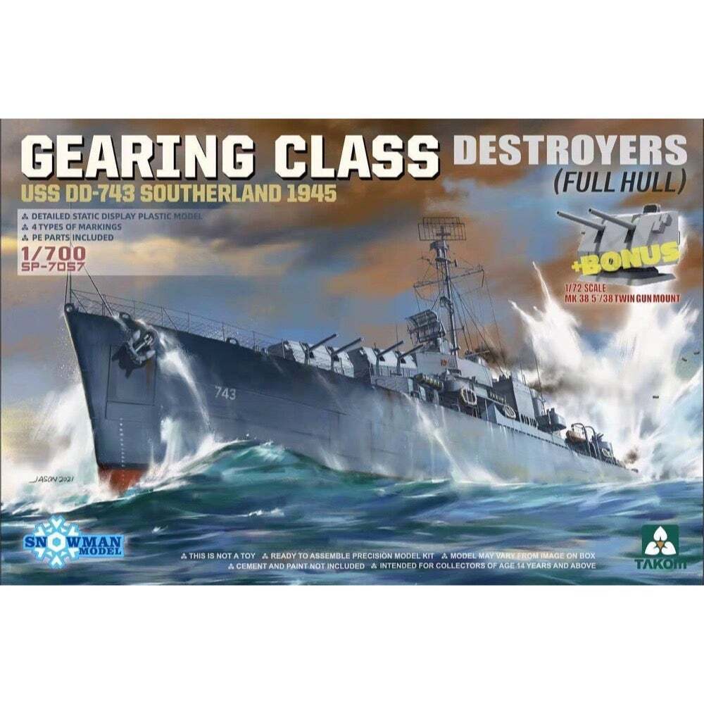 Takom 1/700 Gearing Class Destroyer USS DD-743 Southerland 1945 (Snowman) Full Hull Model Kit