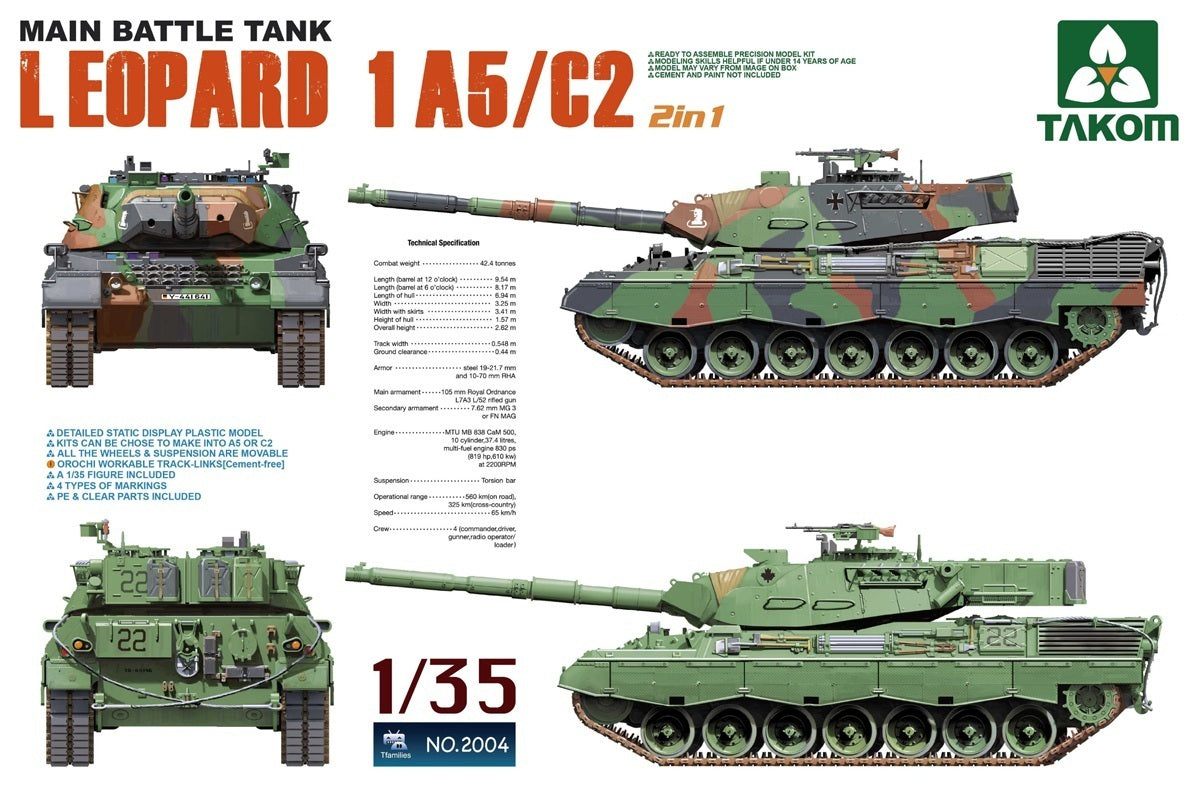 Takom 1/35 Main Battle Tank Leopard 1 A5/2C 2 in 1 Plastic Model Kit