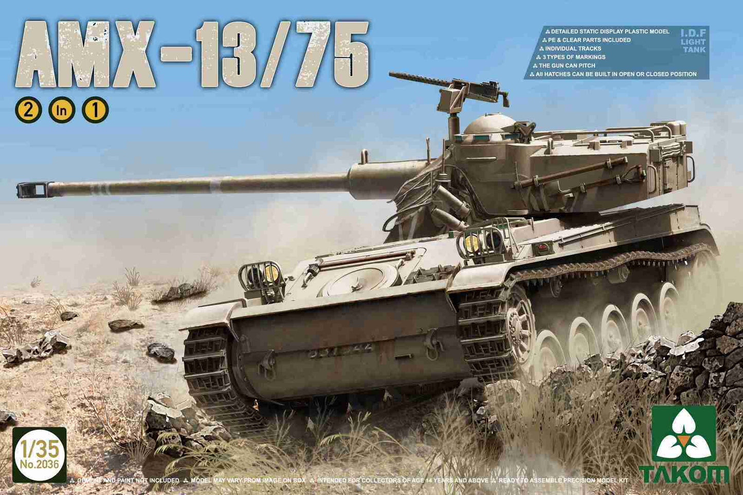 Takom 1/35 I.D.F Light Tank AMX-13/75 2 in 1 Plastic Model Kit