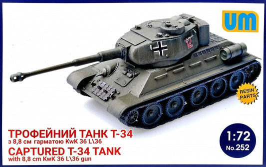 Unimodels 1/72 Captured T34 tank with 8,8cm kWk 36l/36 gun Plastic Model Kit