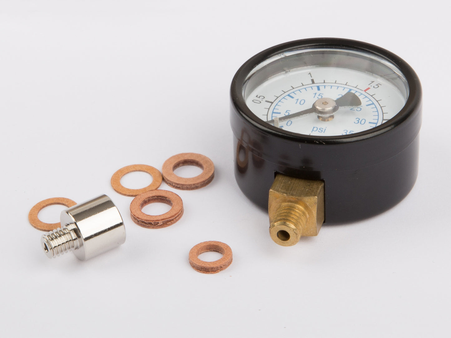 Wilesco Manometer with connection on the botton, M6, 30 mm diameter, incl. adapter 01529, thread M6/M5 for D18, D20, D22, D141, D430, T125