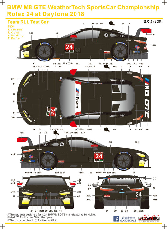 S.K. Decals 1:24 BMW M8 GTE WeatherTech SportsCar Championship Rolex 24 at Daytona 2018 Team RLL Test Car